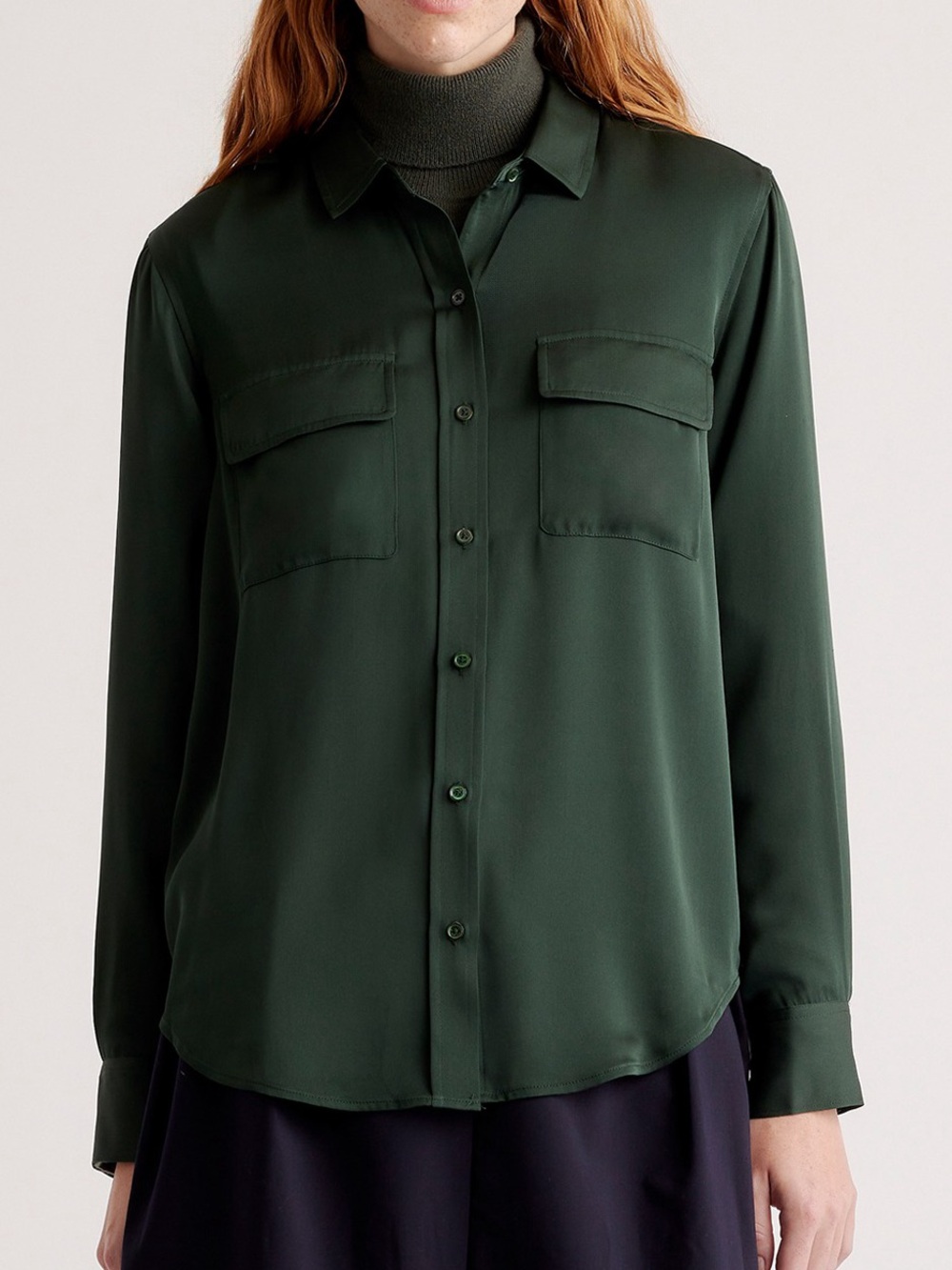 Quince washable silk Forest Green two pocket Long-Sleeve Button-Front Shirt